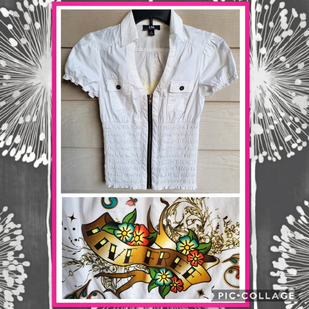 I.N. San Francisco OOAK Iron-on Appliqué Ruched Waist Y2K Zip-up Jacket Top